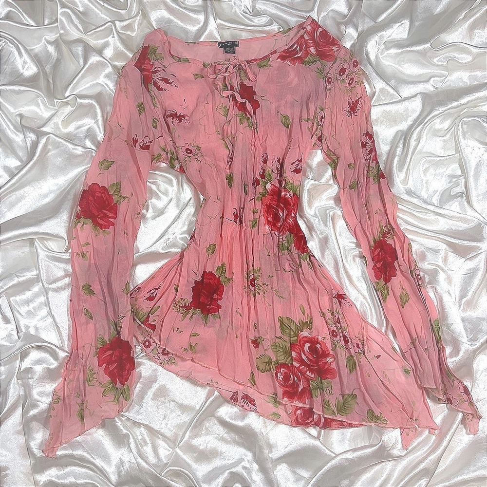 y2k Fang Blouse Pink Excellent Rose Print Sheer Asymmetrical Lettuce Hem Top